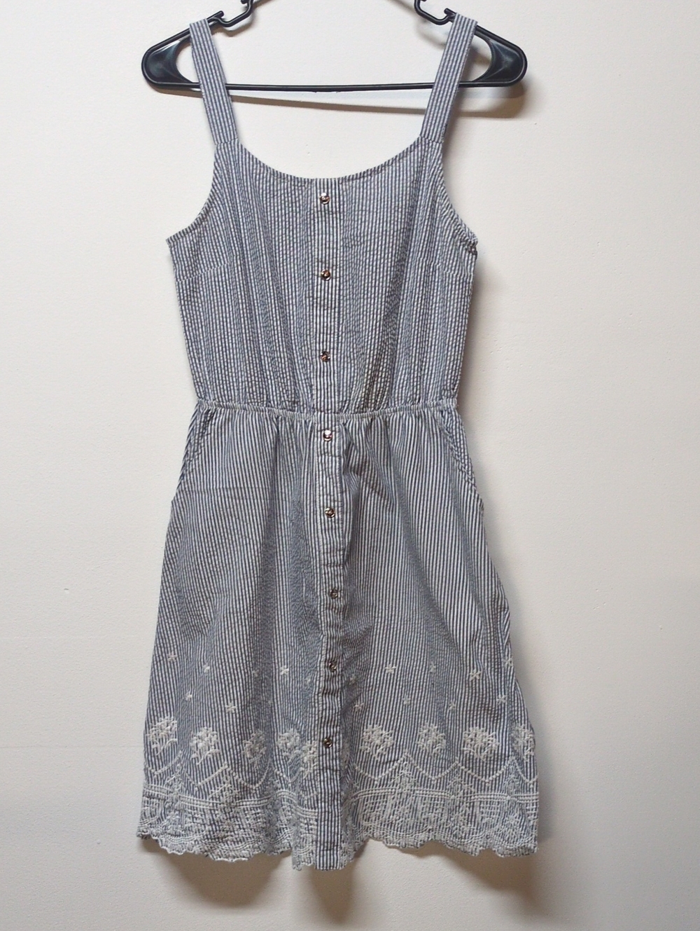 Crescent Blue Stripe Searsucker Eyelet Hem Tank Dress, Size S